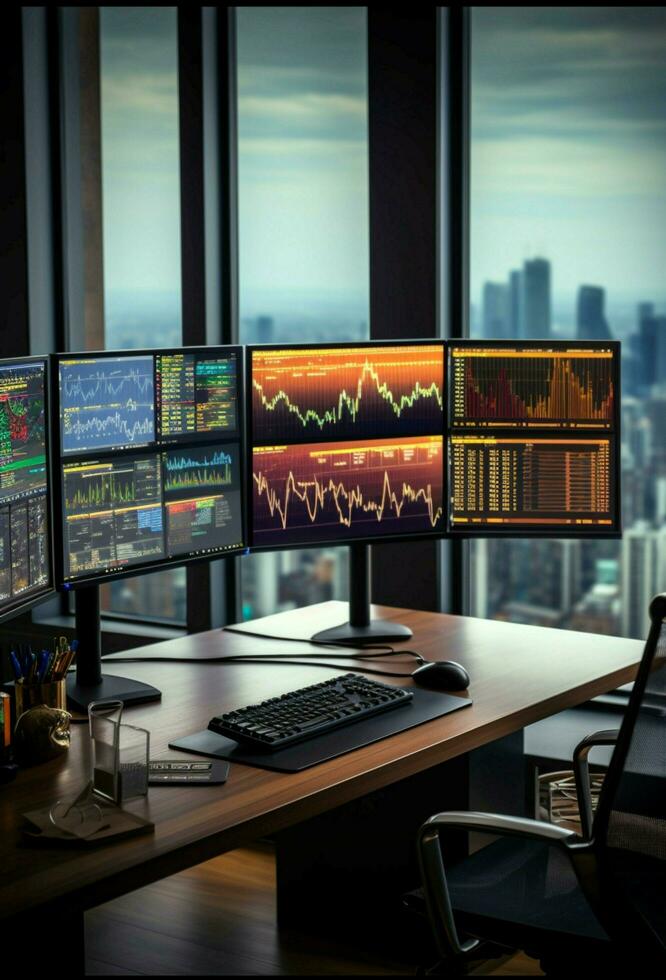 multiplo schermi Schermo finanziario rapporti, grafici, e grafici nel un' moderno ufficio verticale mobile sfondo ai generato foto