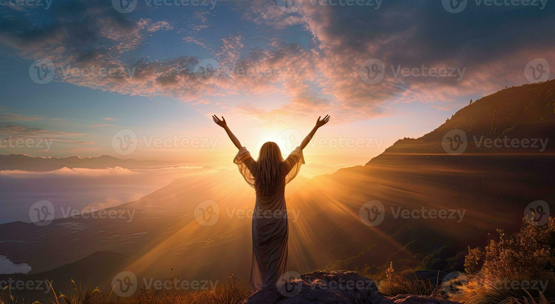 contento donna con sollevato mani nel il montagne su un' sfondo di il tramonto. ai generato. foto