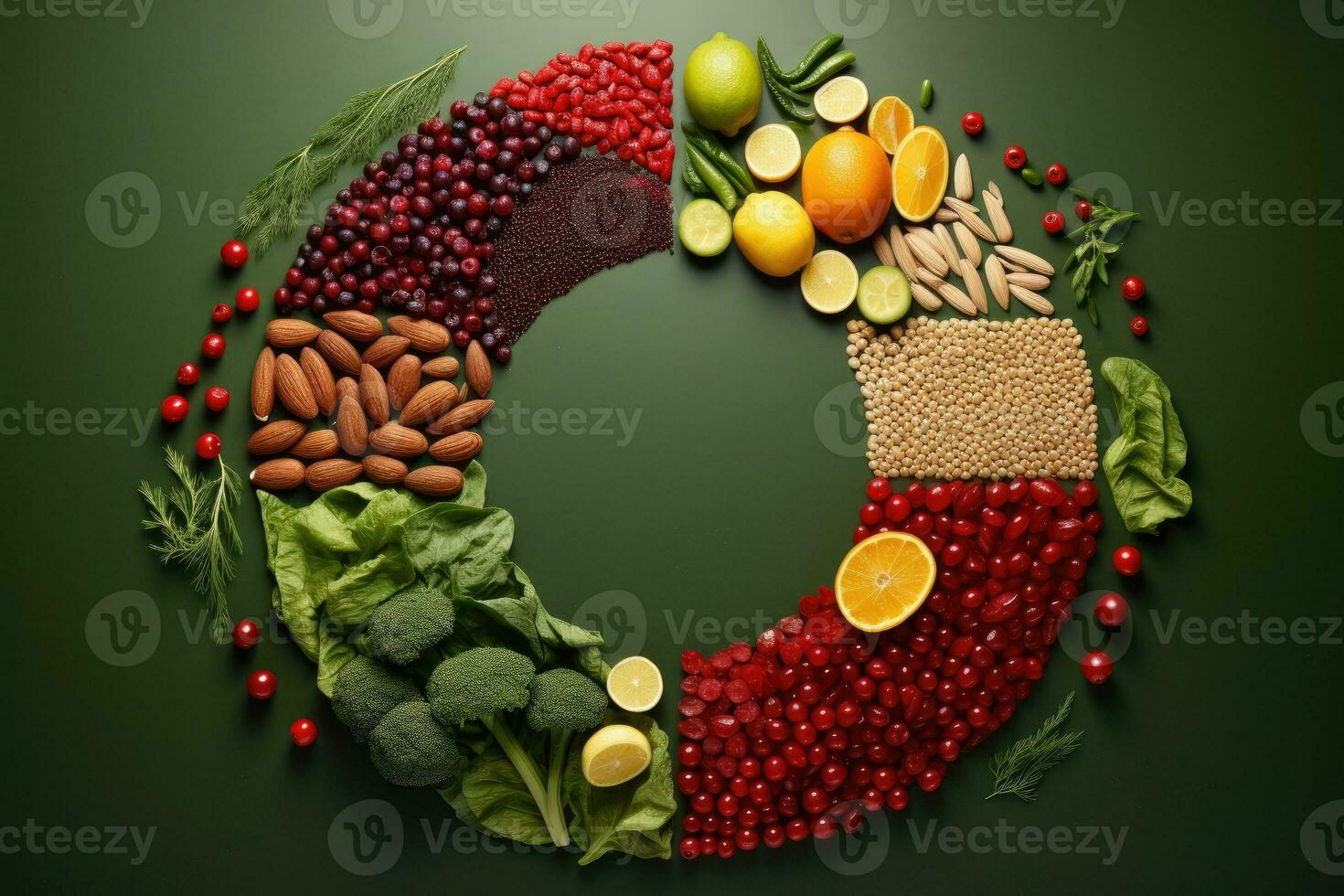 salutare cibo concetto con frutta e verdure su buio verde sfondo. ai generato. foto