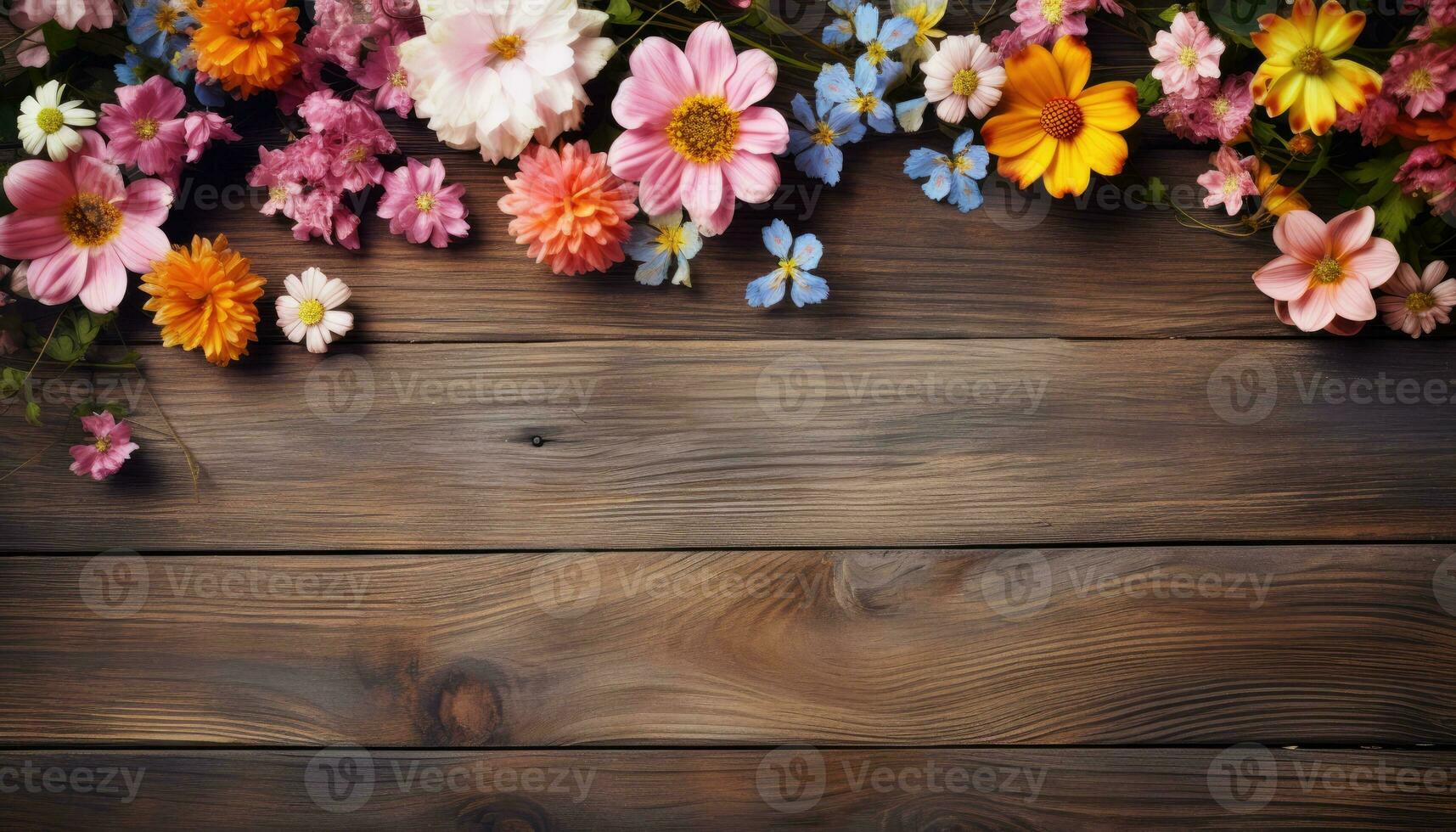 colorato fiori su di legno sfondo. superiore Visualizza con copia spazio. ai generato. foto