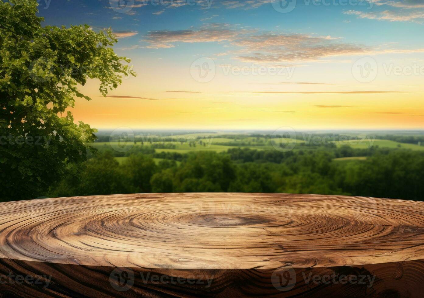 vuoto di legno tavolo contro Visualizza di nebbioso paesaggio a tramonto. pronto per Prodotto Schermo montaggio. ai generato. foto