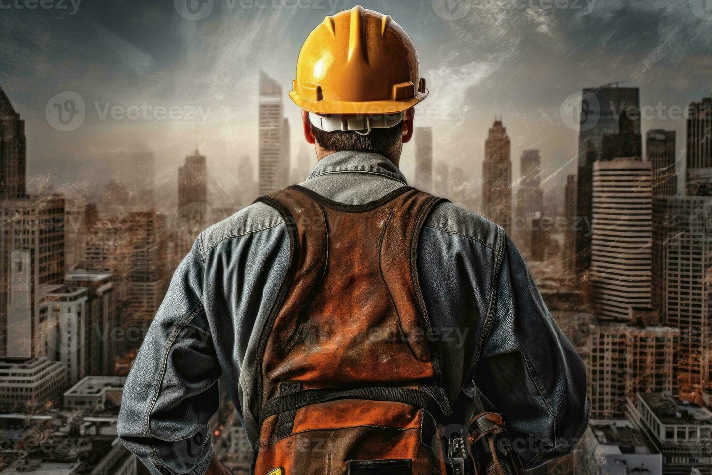 indietro Visualizza di ingegnere uomo indossare sicurezza casco e guardare a costruzione luogo. ai generato. foto
