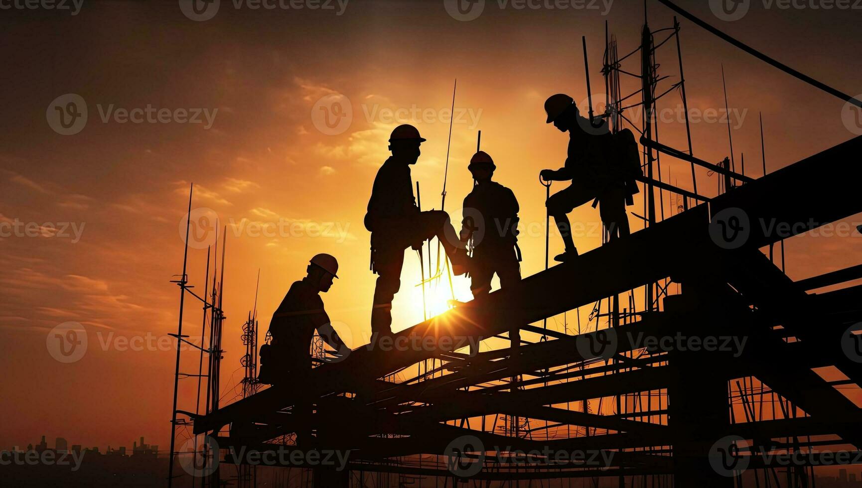 silhouette di costruzione lavoratori su il costruzione luogo a tramonto. ai generato. foto