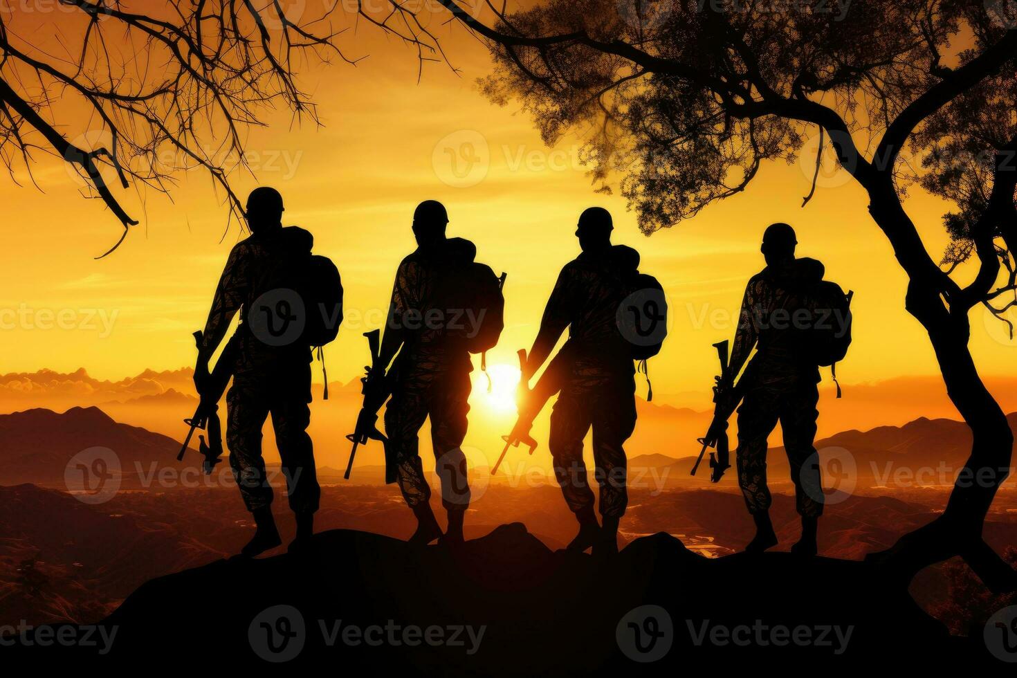 silhouette di un' gruppo di soldati in piedi su superiore di un' montagna durante tramonto. ai generato. foto