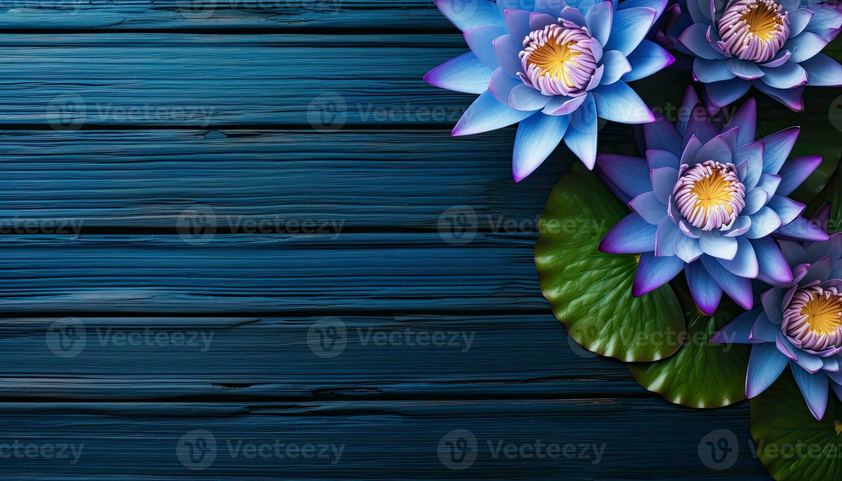 loto fiore su blu di legno sfondo. superiore Visualizza con copia spazio. ai generato. foto