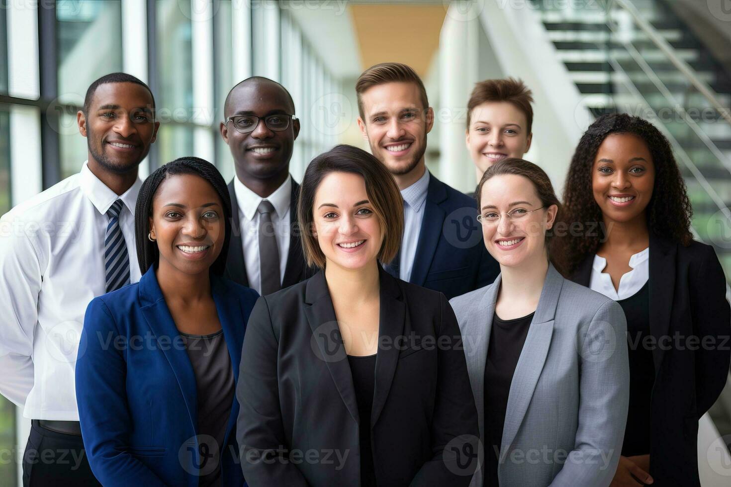 ritratto di contento attività commerciale squadra in piedi nel ufficio. multietnico gruppo. ai generato. foto