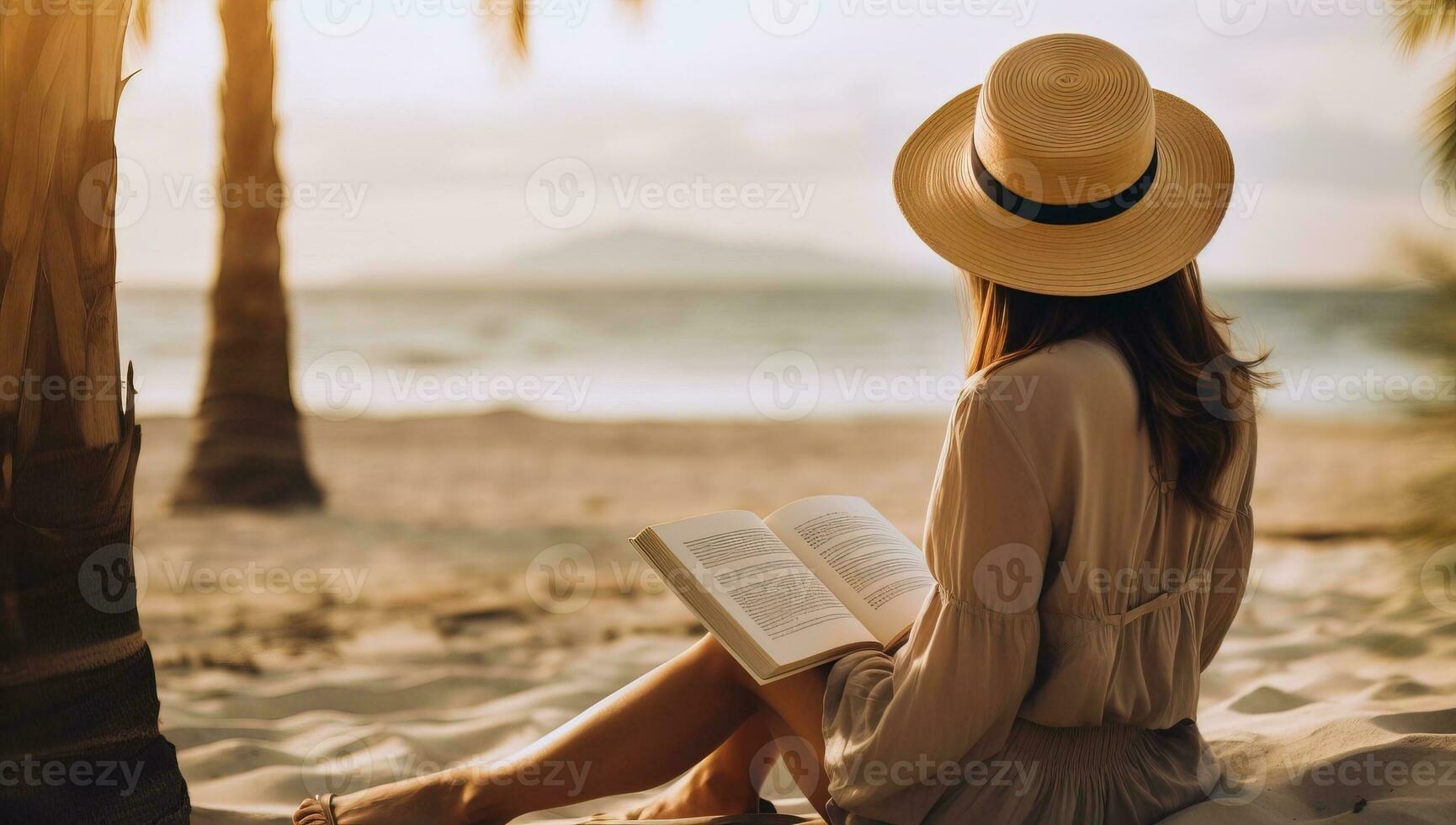 bellissimo asiatico donna lettura libro su il spiaggia a tramonto volta. ai generato. foto
