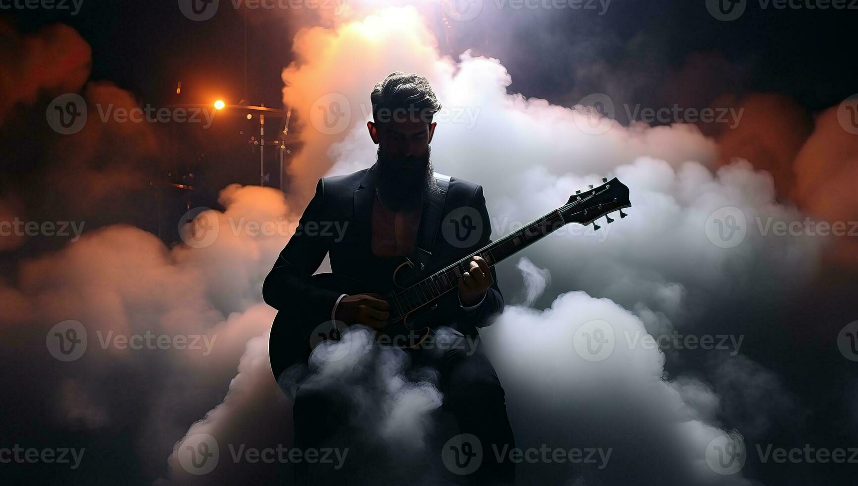musicista giocando il elettrico chitarra nel il Fumo su un' buio sfondo. ai generato. foto