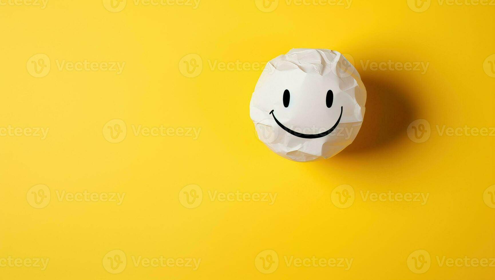 bianca carta palla con smiley viso su giallo sfondo. minimo concetto. ai generato. foto