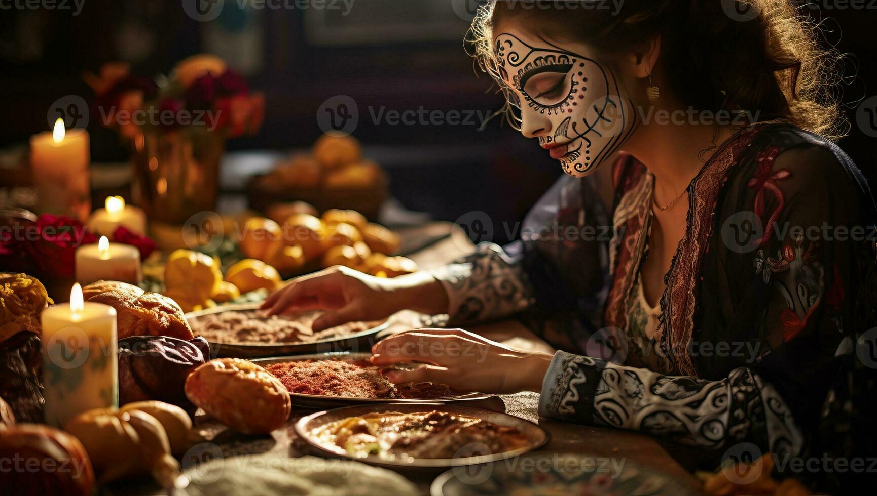 giovane donna con zucchero cranio trucco. ai generato. foto