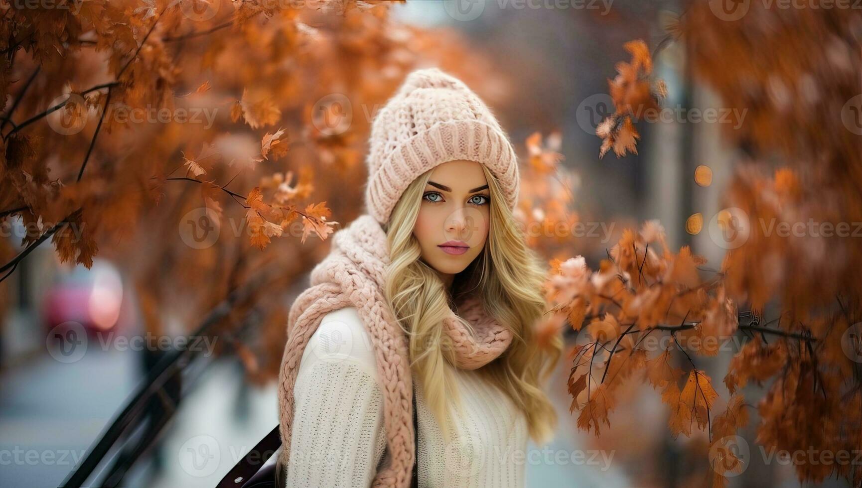 bellissimo giovane donna nel un' a maglia cappello e sciarpa nel il autunno parco. ai generato. foto