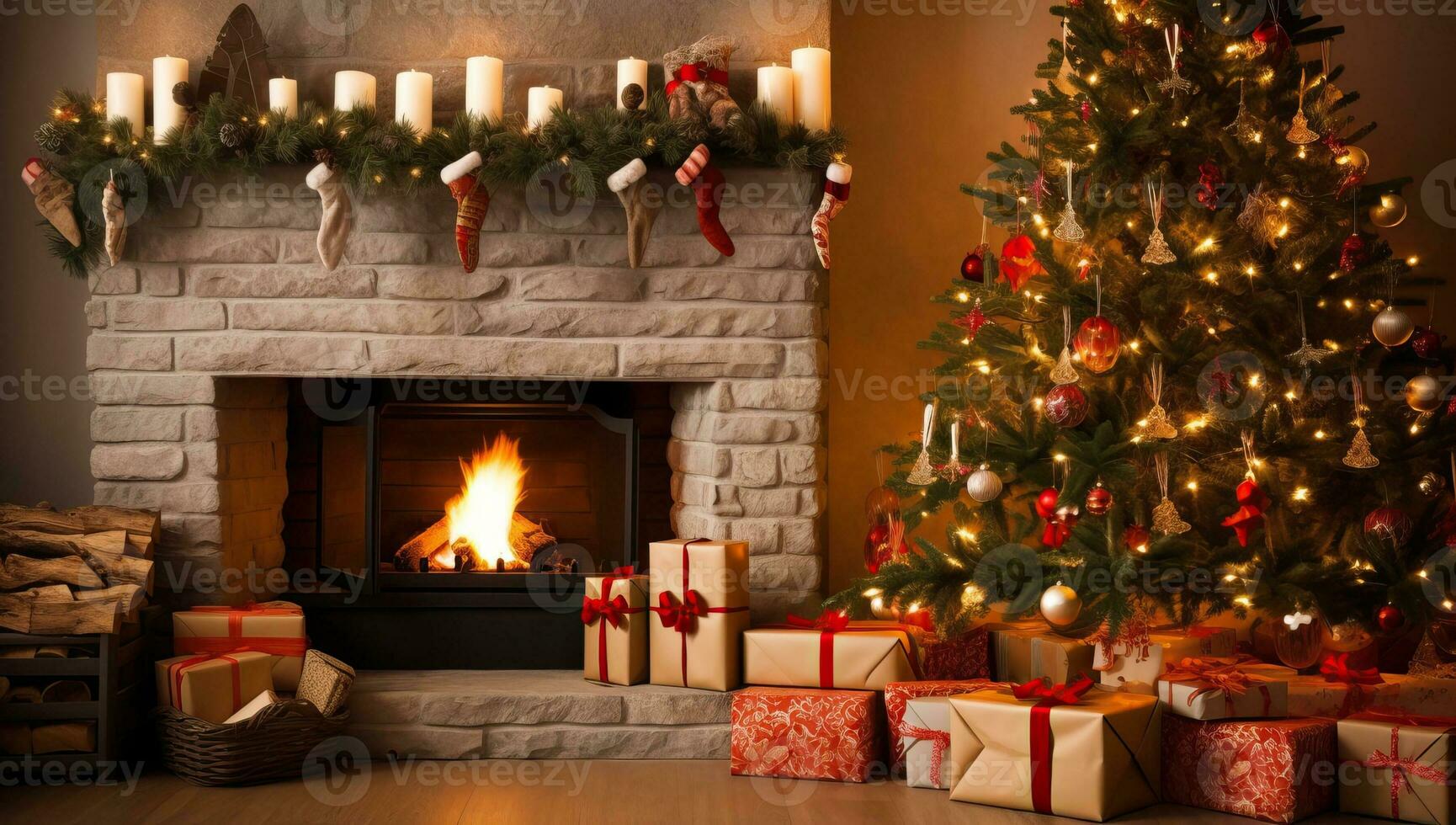 bellissimo Natale albero con regali vicino camino nel camera. ai generato. foto