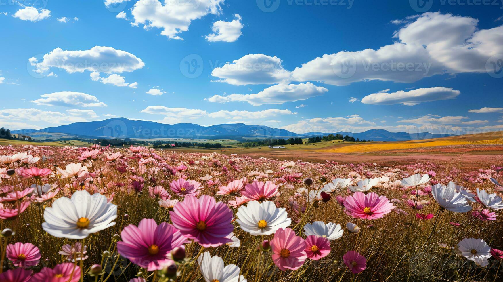 un' vaso con fiori su un' tavolo contro un arancia e blu parete ai generato foto