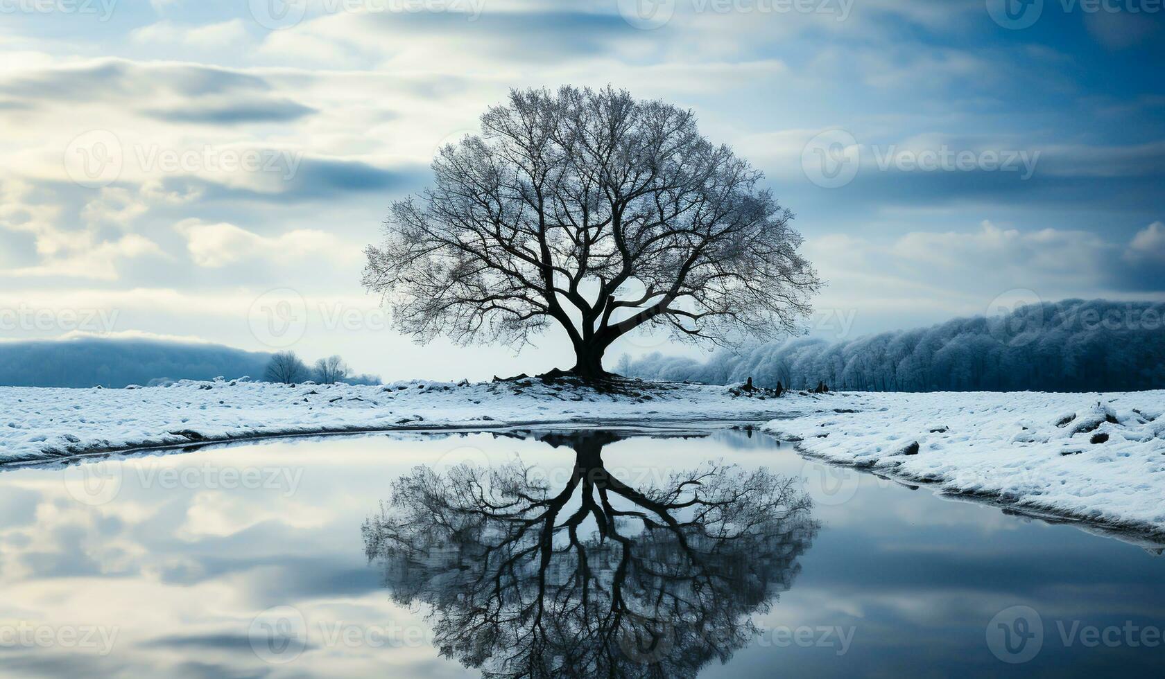 minimalista inverno paesaggio con un' albero coperto con neve. ai generato foto