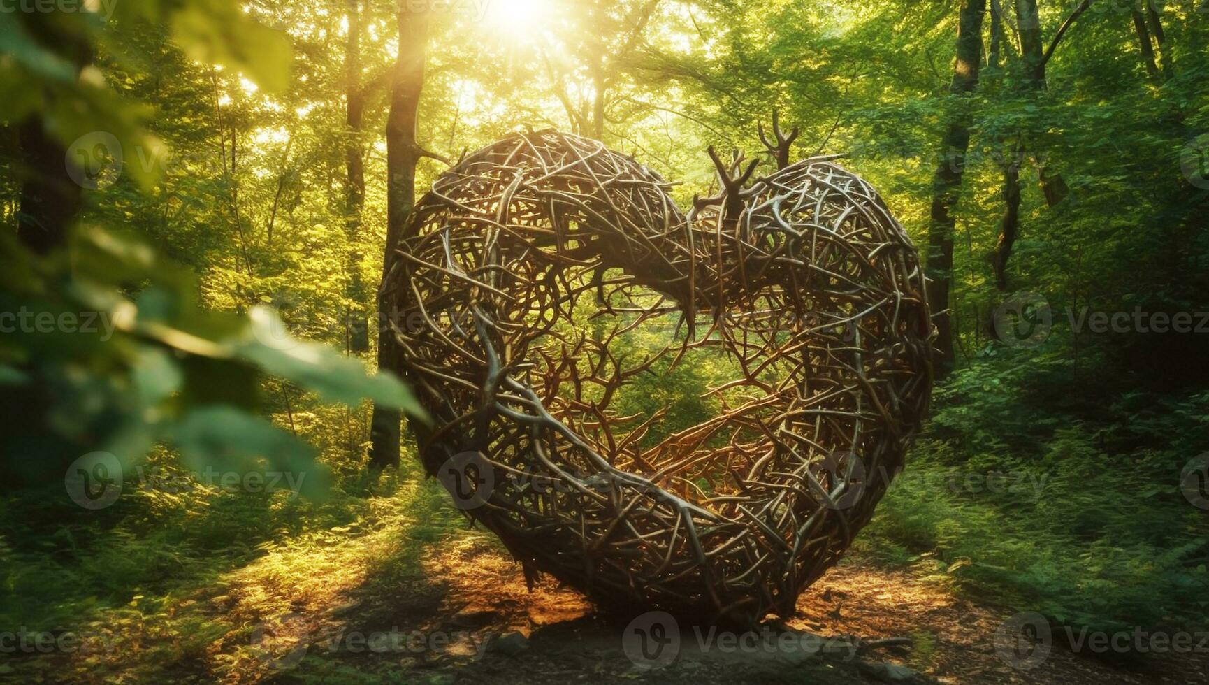 cuore formato di albero rami e le foglie su un' foresta sentiero. ai generato foto