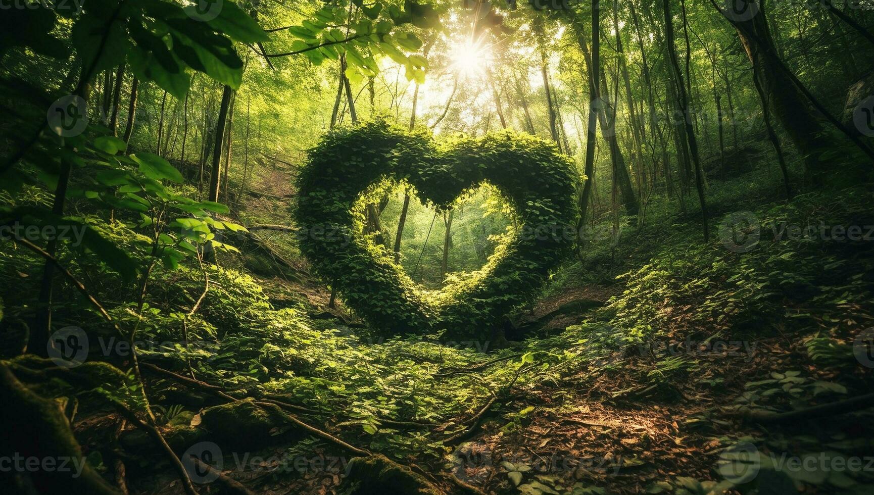 cuore formato di albero rami e le foglie su un' foresta sentiero. ai generato foto