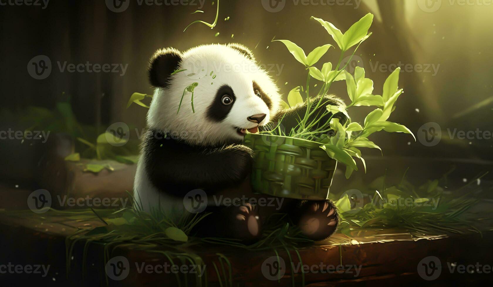 divertente cartone animato di bambino gigante panda mangiare bambù. ai generato foto