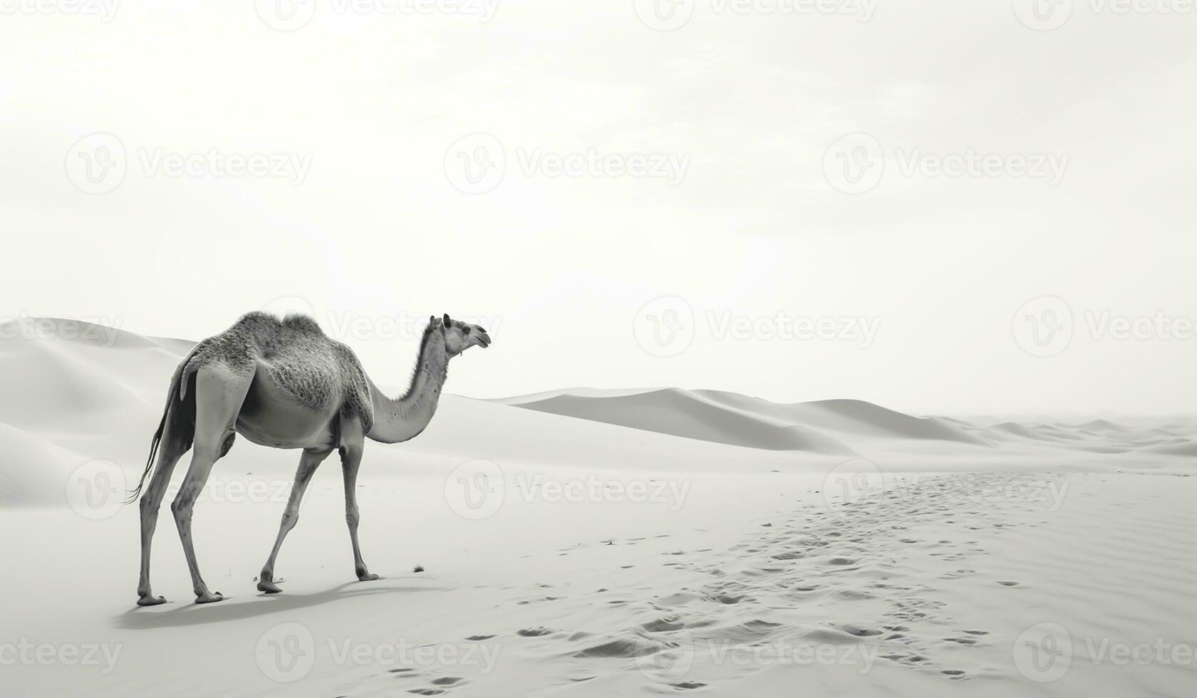 nero e bianca paesaggio di cammello nel il deserto. ai generato foto