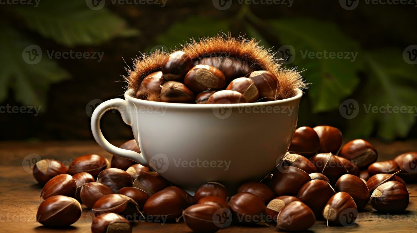 ancora vita con castagne nel un' porcellana tazza. ai generato foto