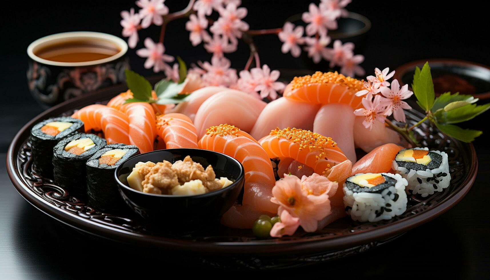 freschezza e culture su un' piatto, Sushi rotoli e sashimi diletto generato di ai foto