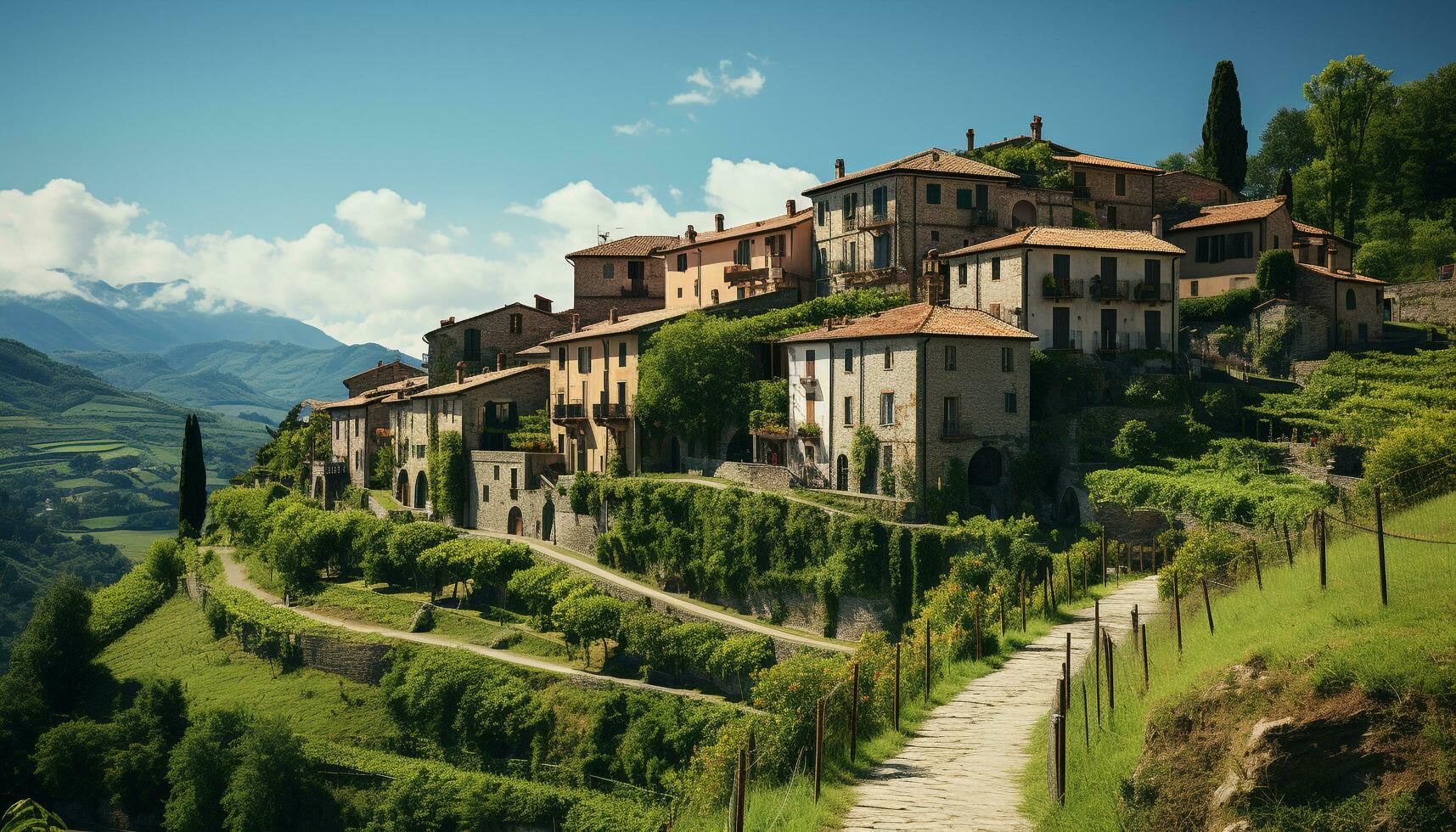 tranquillo prato, antico agriturismo, verde paesaggio, maestoso montagne, rustico bellezza generato di ai foto