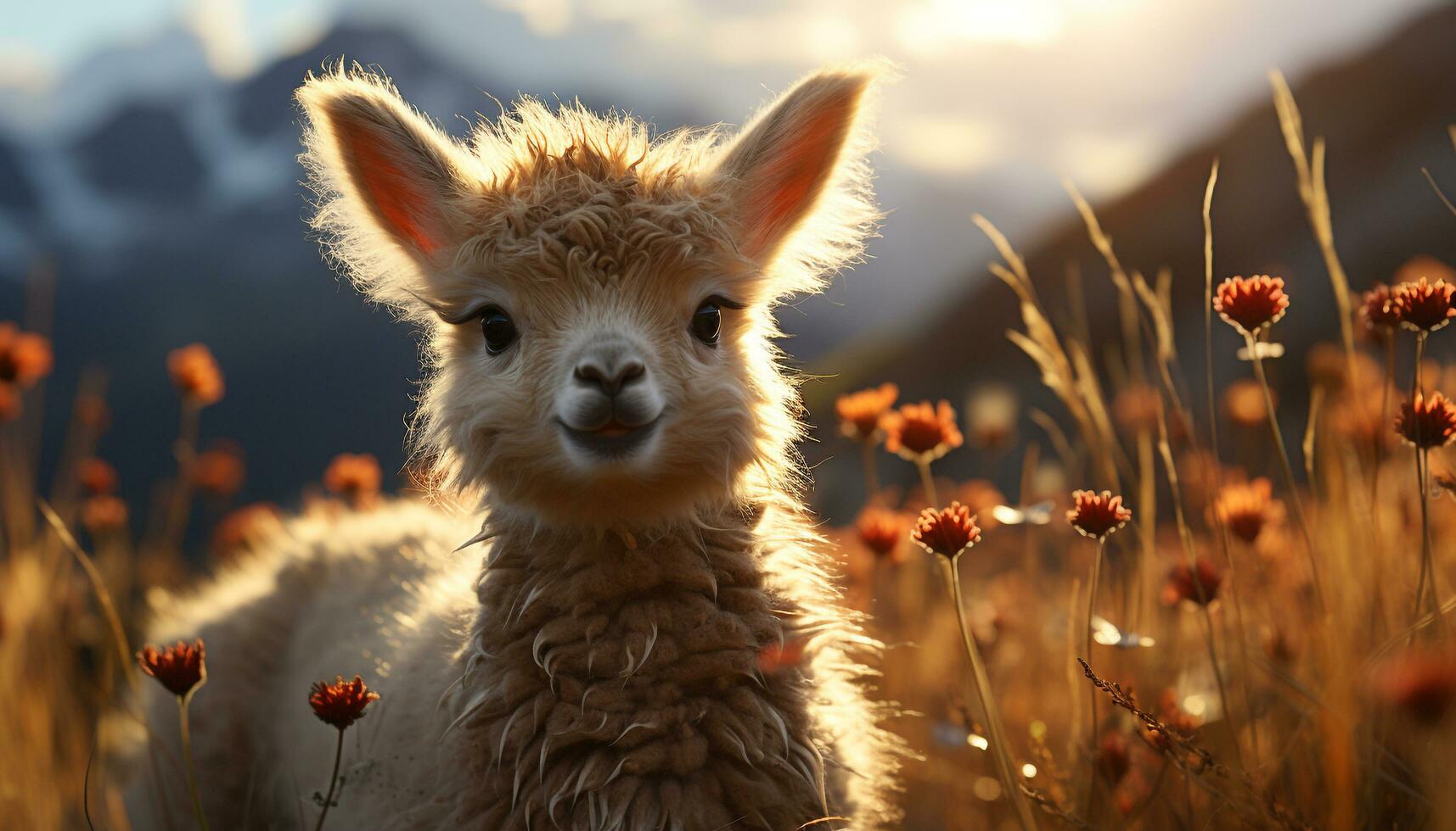 un' carino alpaca sfiora nel il prato, godendo il estate tramonto generato di ai foto