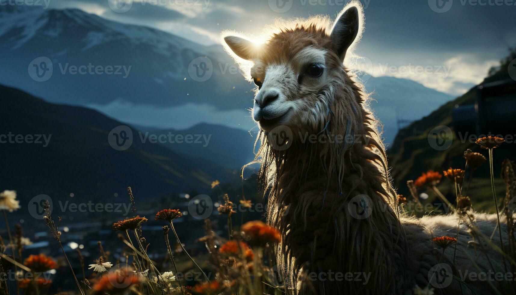 un' carino alpaca sfiora su un' verde montagna prato generato di ai foto
