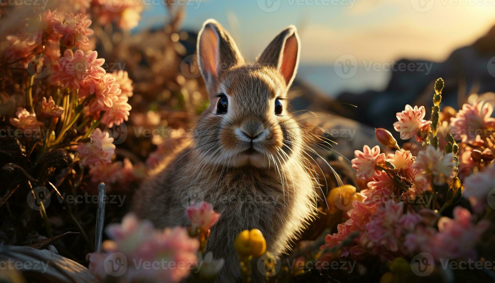 carino soffice coniglio seduta nel erba, godendo natura generato di ai foto