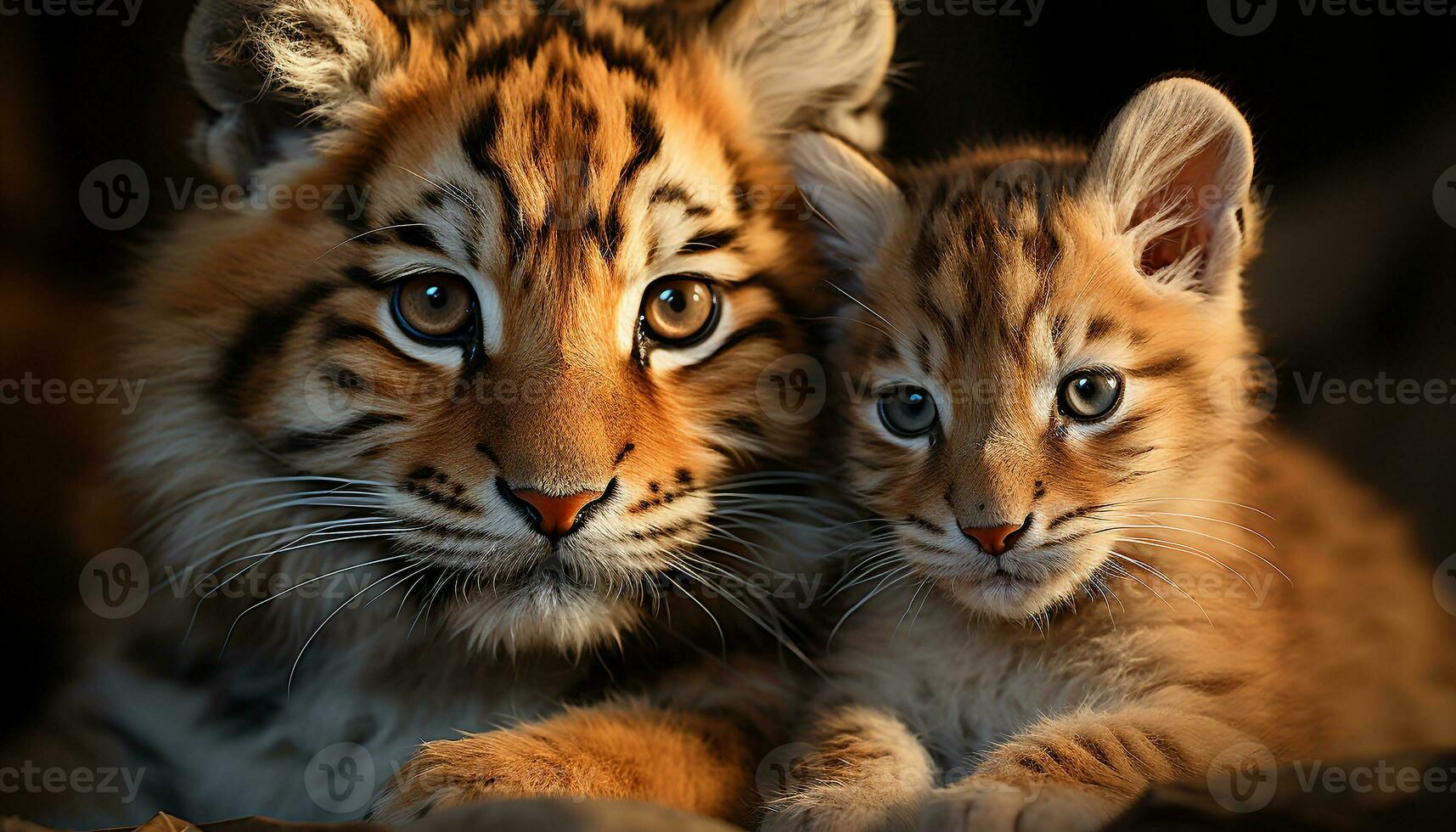 carino tigre cucciolo giocando, fissando a telecamera, natura bellezza generato di ai foto