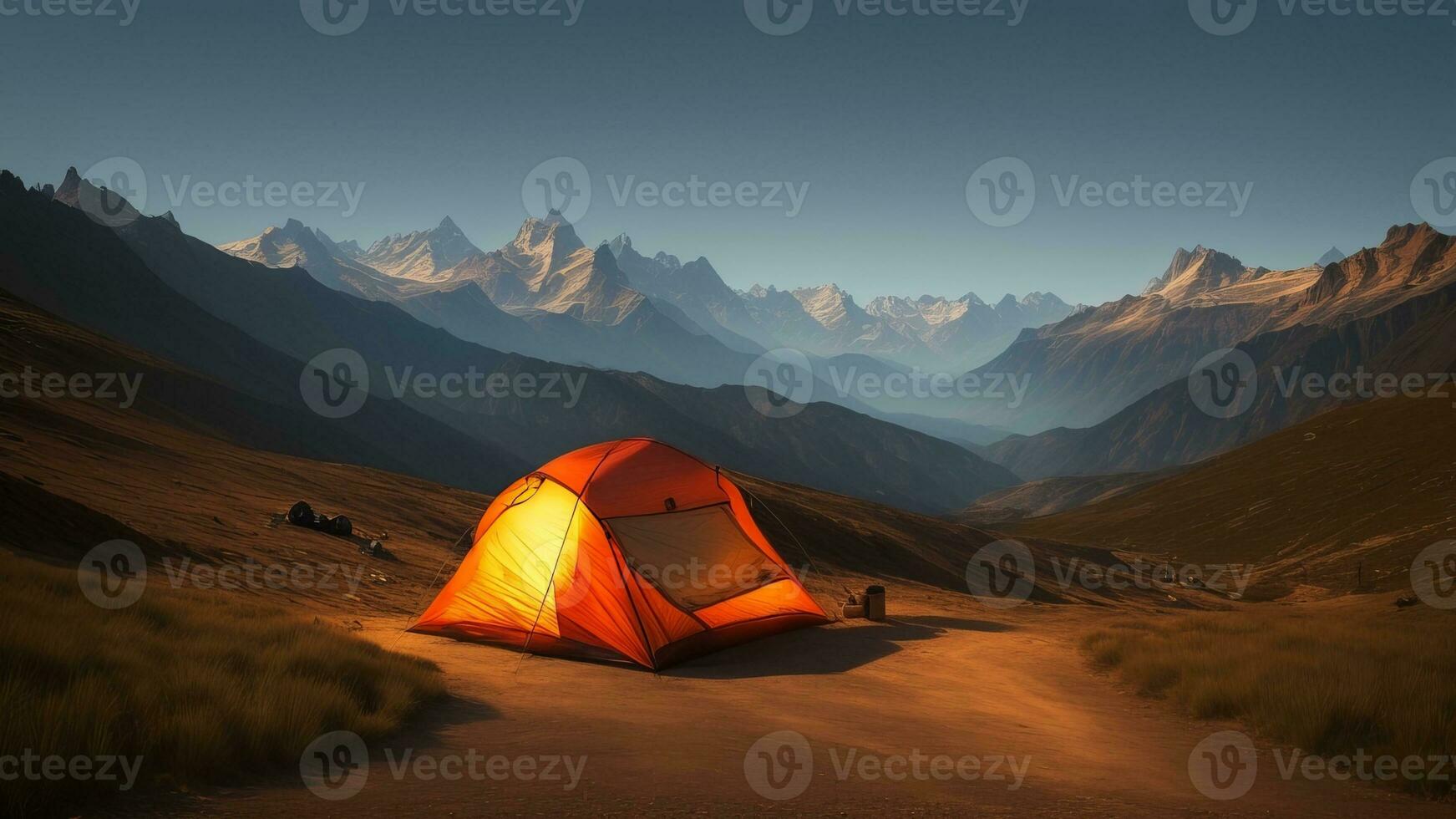 campeggio interno il montagne, tende interno il legname. ai generato foto