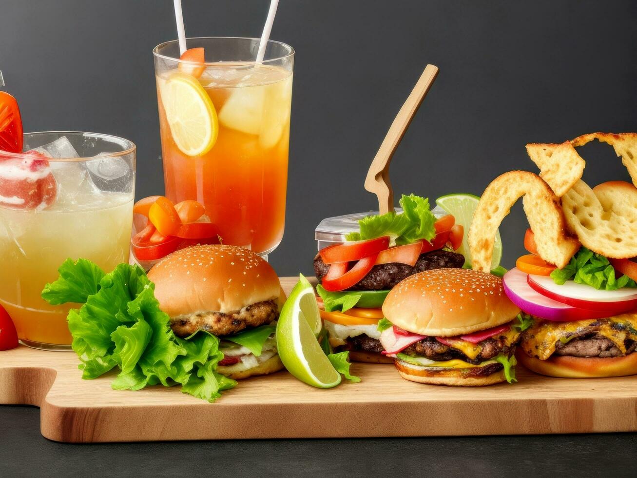 gruppo di fresco estate cocktail e hamburger a di legno tavola isolato a nero sfondo. ai generato foto