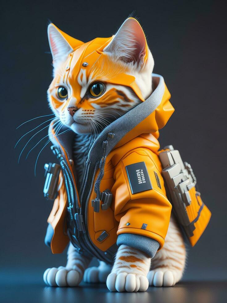 isometrico Visualizza di un' mini carino iperrealistico futuristico soldato gatto indossare cyberpunk giacca. ai generato foto