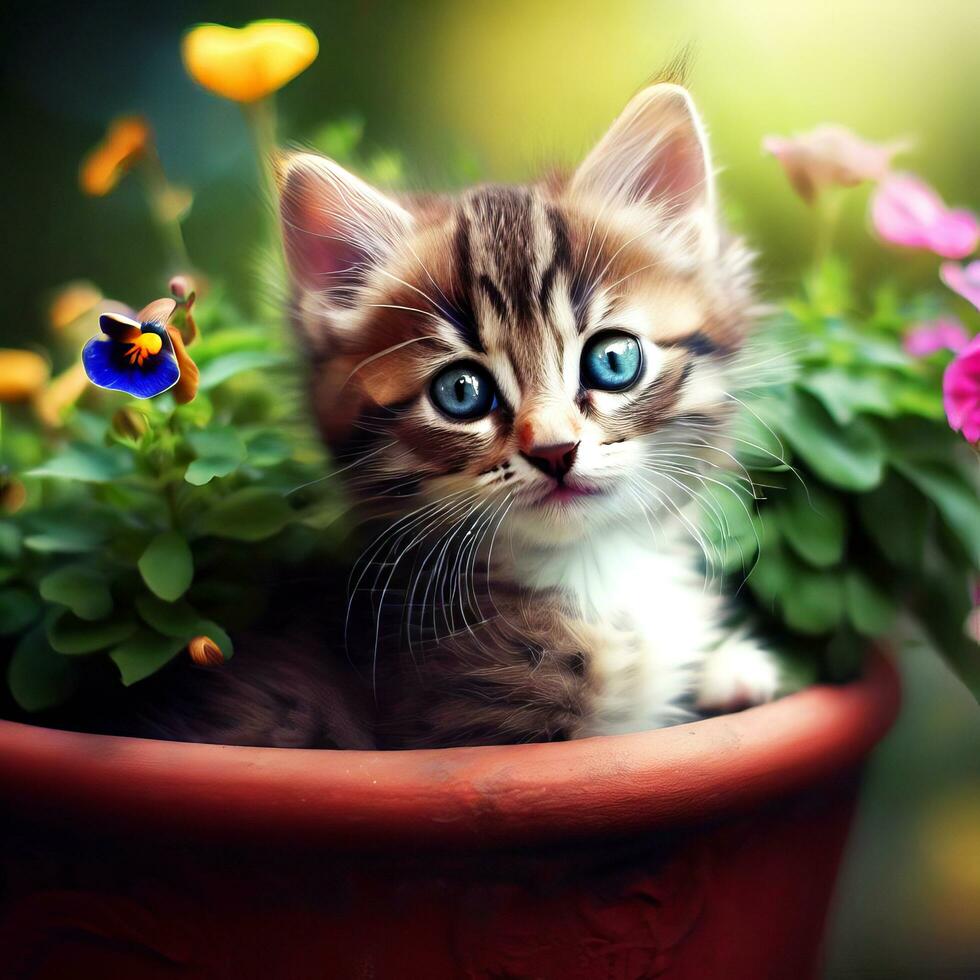 gattino si siede nel un' fiore pentola, gattino nel il giardino, carino gattino, domestico gatto, carino gatto sfondo. ai generato foto