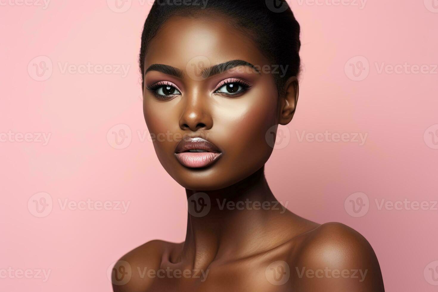 bellissimo africano americano donna con Perfetto pelle su rosa sfondo ai generato foto