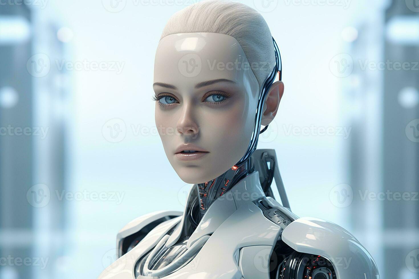 ritratto di un' robot nel un' bianca futuristico interno, artificiale intelligenza concetto ai generato foto