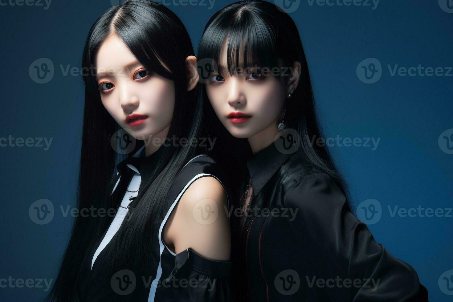 ritratto di Due bellissimo asiatico donne nel moda abiti su blu sfondo ai generato foto