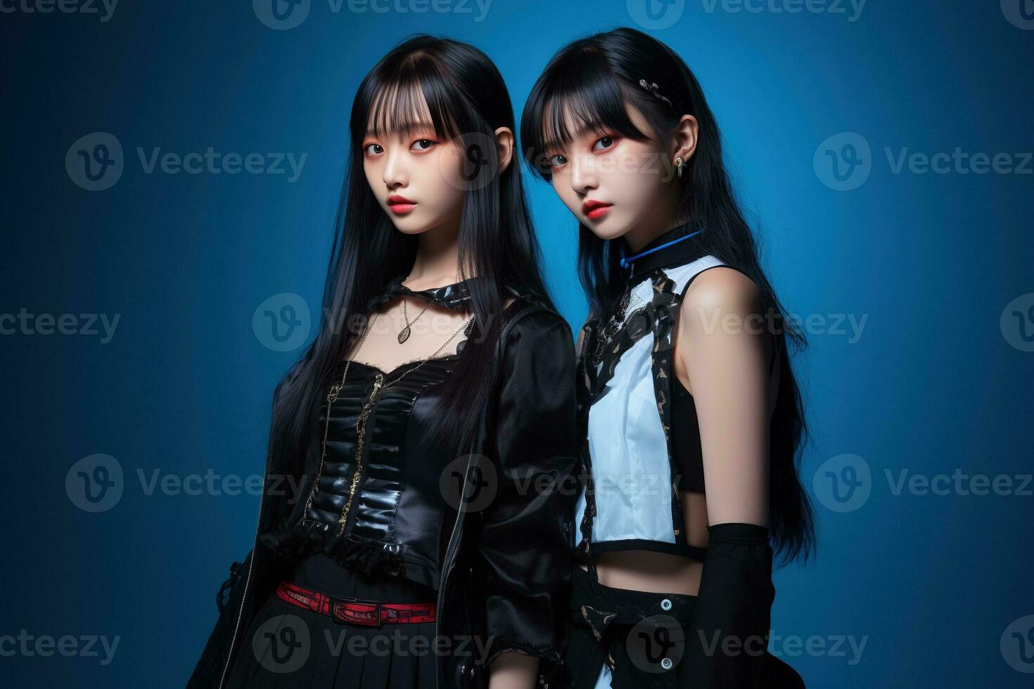 ritratto di Due bellissimo asiatico donne nel moda abiti su blu sfondo ai generato foto