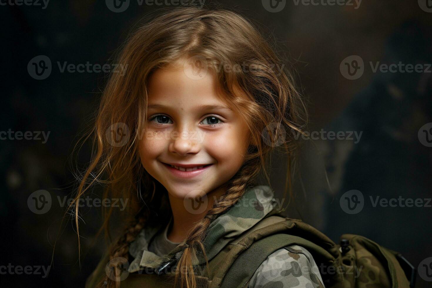 ritratto di un' poco ragazza nel un' militare uniforme. studio sparo. ai generato foto