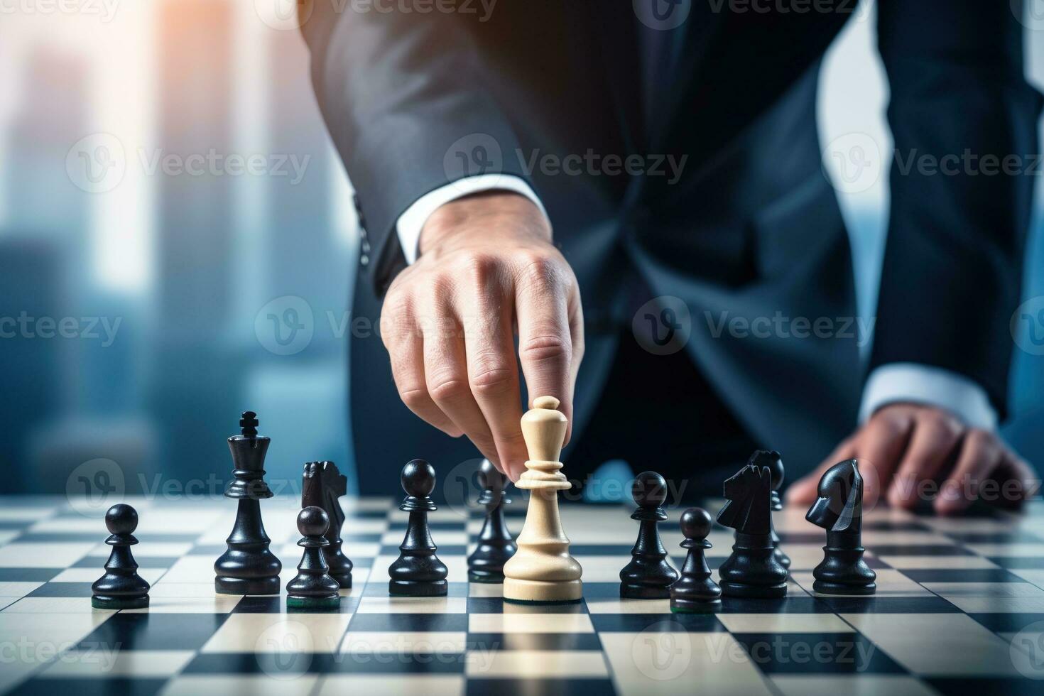 avvicinamento di uomo d'affari giocando scacchi. attività commerciale strategia e comando concetto ai generato foto