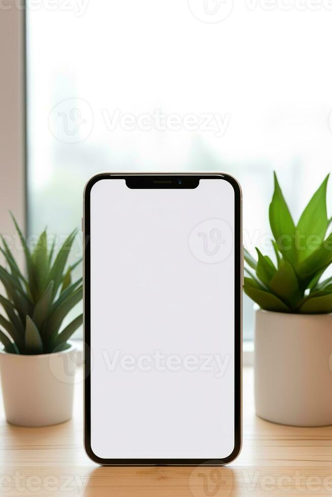 modello smartphone con vuoto schermo su tavolo con verde pianta ai generato foto