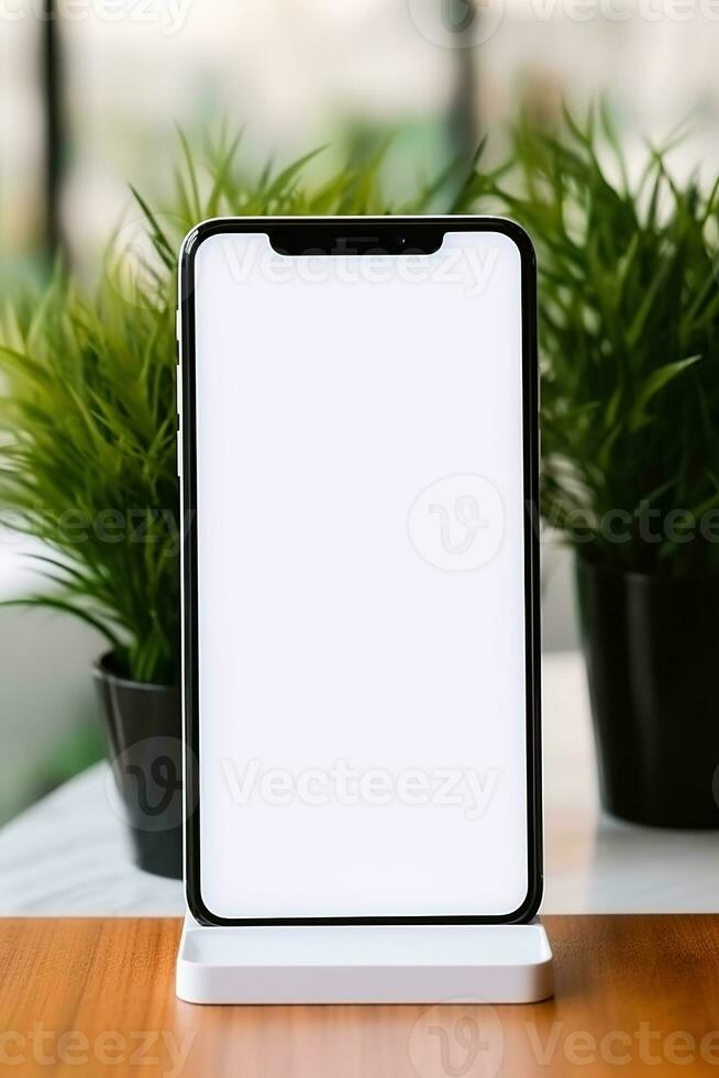 modello smartphone con vuoto schermo su tavolo con verde pianta ai generato foto