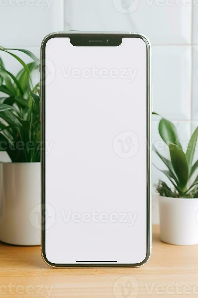 modello smartphone con vuoto schermo su tavolo con verde pianta ai generato foto