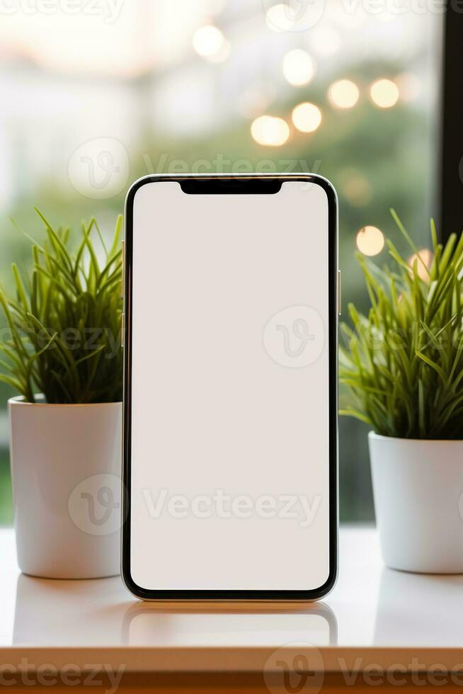 modello smartphone con vuoto schermo su tavolo con verde pianta ai generato foto