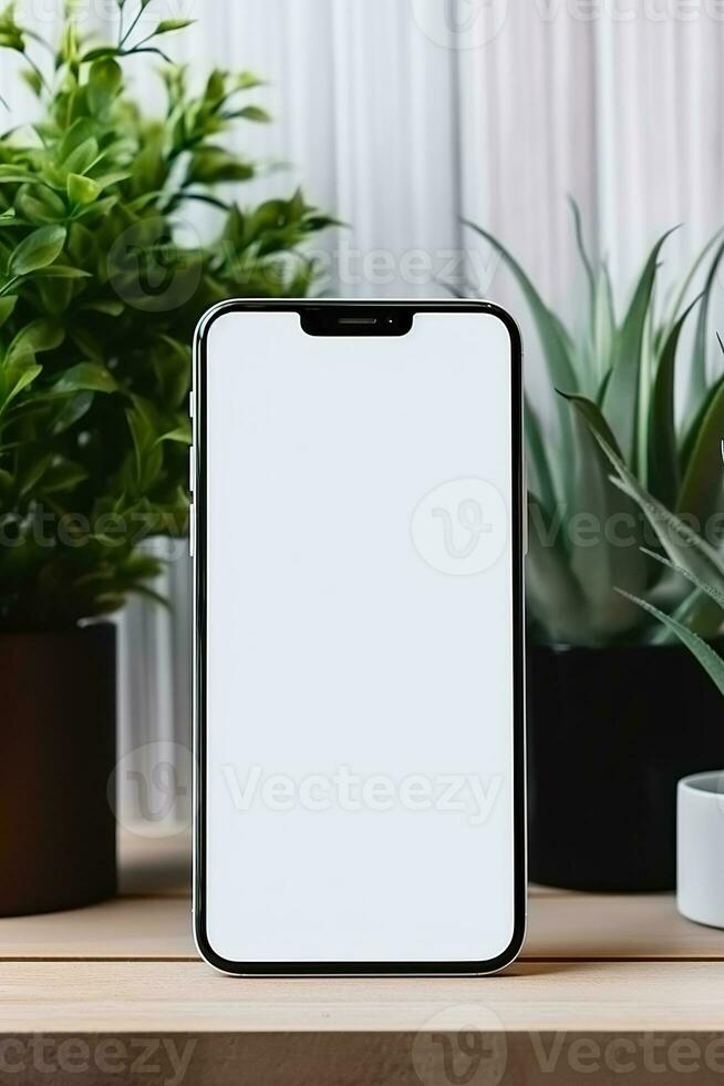 modello smartphone con vuoto schermo su tavolo con verde pianta ai generato foto