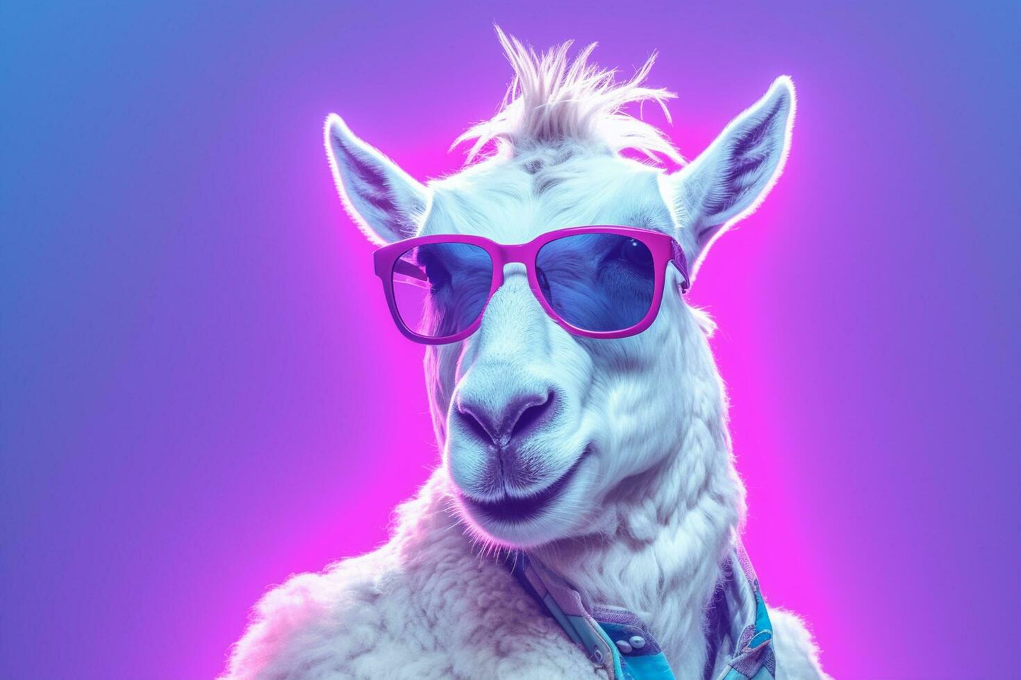ritratto di un' bianca capra indossare occhiali da sole su un' neon luci viola sfondo. ai generato foto