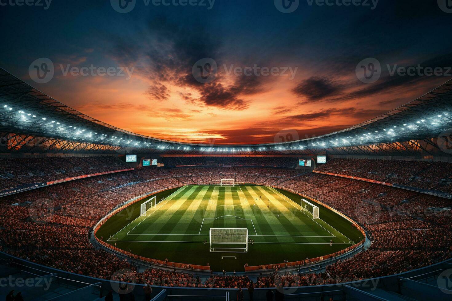 sera Visualizza di un' moderno e bellissimo calcio stadio con proiettori ai generato foto