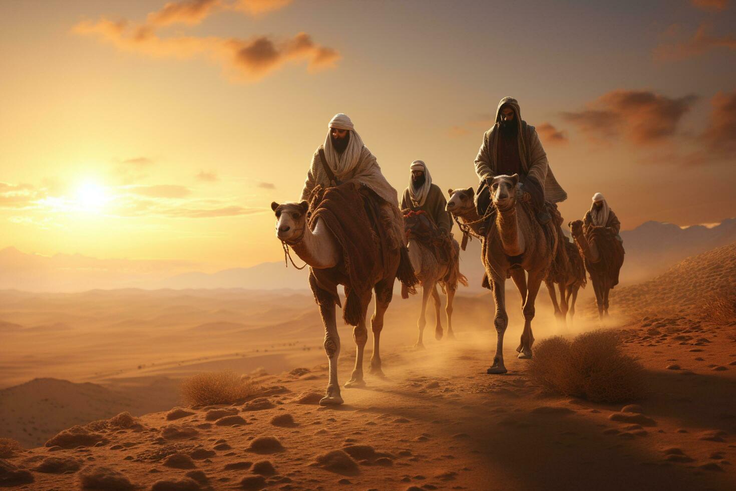 Natività scena con saggio uomini e cammelli nel il deserto ai generato foto