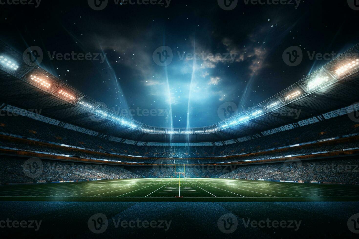 calcio stadio a notte con luci e razzi. 3d interpretazione ai generato foto