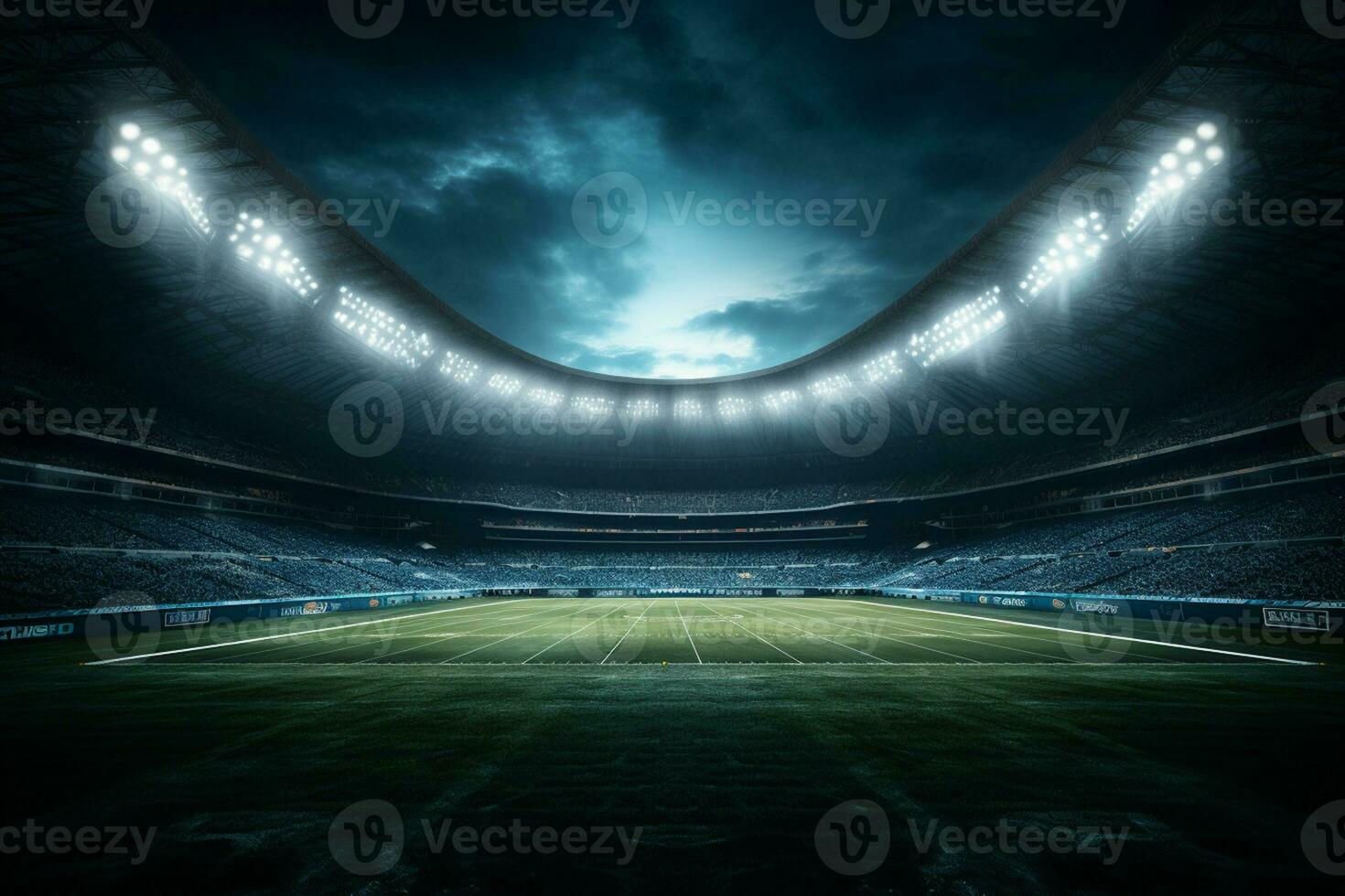 calcio stadio a notte con luci e razzi. 3d interpretazione ai generato foto