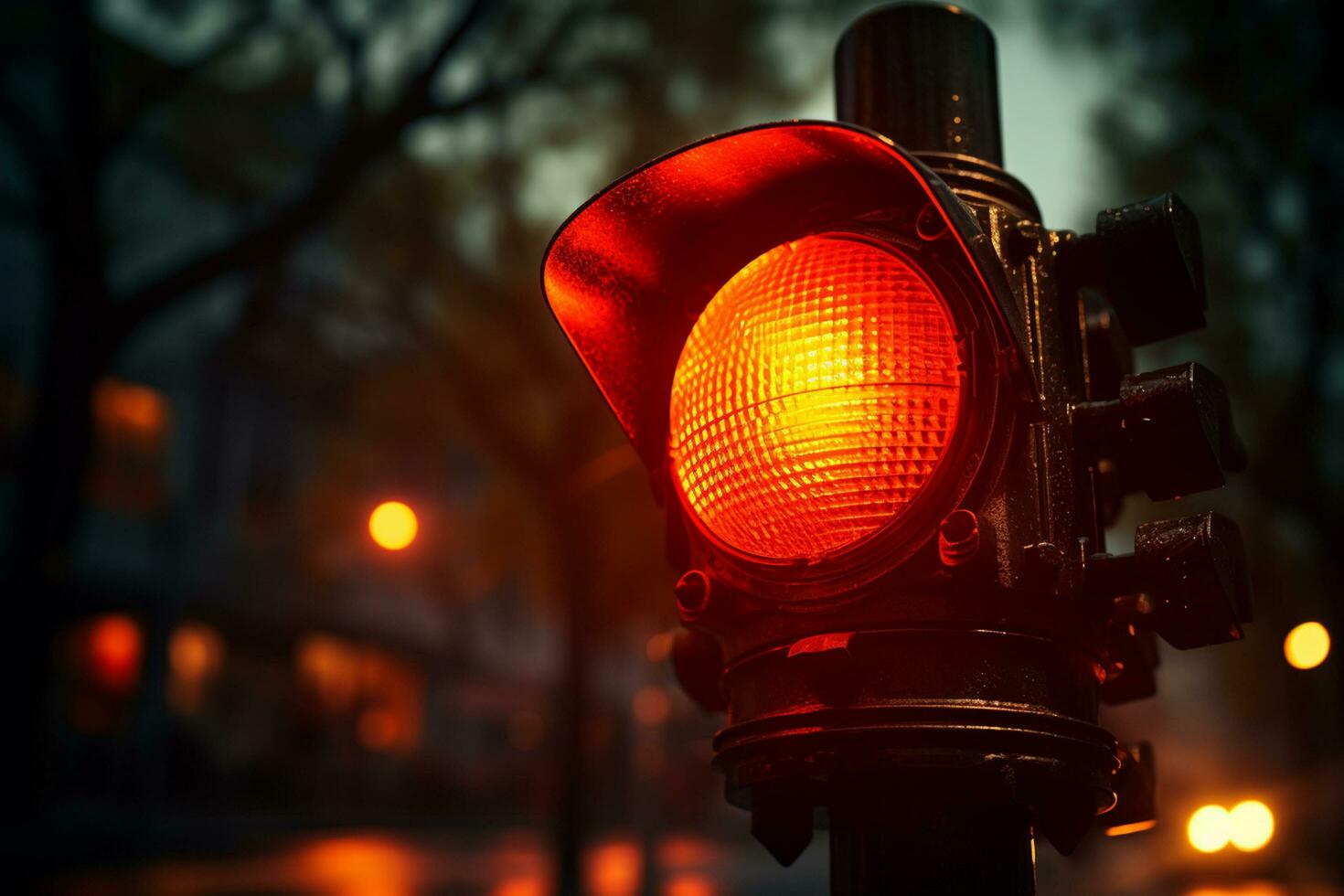 traffico leggero segnale nel il città a notte, vicino su. ai generato foto